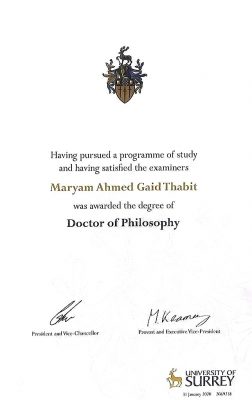 “مريم ثابت” تحصل على الدكتوراه في الفلسفة من جامعة سري